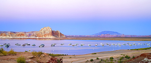 Houseboats at night, view from Wahweap Marina, Lake Powell, Arizona, USA, North America