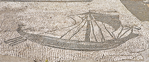 Floor mosaic at a shipping guild house, Ostia Antica archaeological site, Rome, Italy, Europe