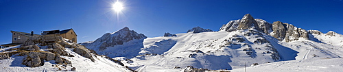 Left to right: Simonyhuette (Simony Cabin), Mts. Gjadstein, Dirndln, Hoher Dachstein, Niederer Dachstein and Schoeberl, Dachstein Massif, Styria, Austria, Europe