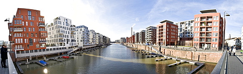 Panoramic view of the Westhafen 6 area, luxury condos with private docking facilities along the Main River in Frankfurt, Hesse, Germany, Europe