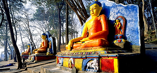 Seat-figures of the Dhyani Buddha Akshobhya, temple Swayambhunath, Kathmandu, Nepal, Asia