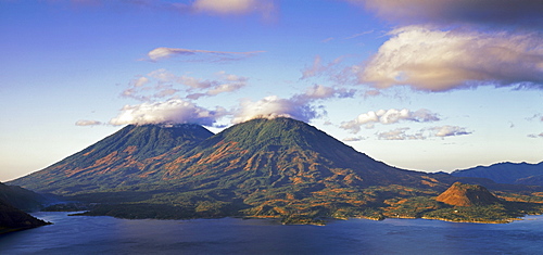 Atitlan sea with volcanos Atitlan, Toliman and the small Cerro de Oro