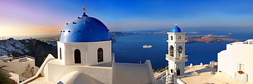 Blue-domed church of Imerovigli, Santorini, Greece, Europe