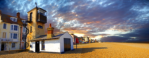 Sea front houses and shingle beach of Aldeburgh, Suffolk, England, United Kingdom, Europe