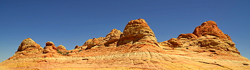 Panoramic view, Brain Rocks of the Coyote Buttes South CBS, Cottonwood Teepees, eroded Navajo sandstone rock formations with Liesegang bands or Liesegang rings, Pareah Paria Plateau, Vermilion Cliffs National Monument, Arizona, Utah, Southwestern USA