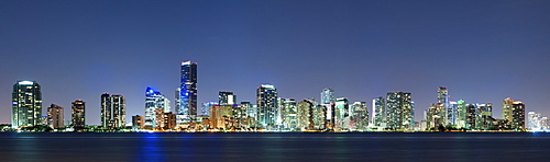 Miami skyline seen from Key Biscayne at dusk, Key Biscayne, Miami, Florida, United States, North America