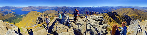 360  panoramic view from summit of Ben Lomond with hikers, Lake Wakatipu, Queenstown, Otago Region, South Island, New Zealand, Oceania