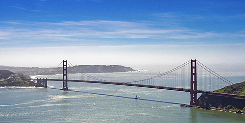 Aerial view, Golden Gate Bridge with blue sky, seen from the Bay Area, San Francisco, California, USA, North America