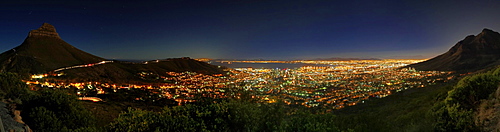 View from Table Mountain to Cape Town, illuminated, at night, South Africa, Africa