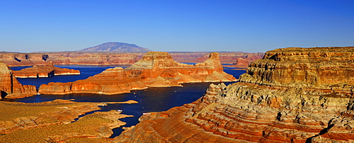 Panoramic view from Alstrom Point of Lake Powell with Gunsight Butte and Navajo Mountain, houseboats, Bigwater, Glen Canyon National Recreation Area, Arizona, Utah, United States of America, USA