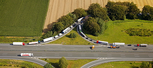 Aerial view, traffic backed up due to an accident resulting in closure of the highway, traffic leaving the exit Hamm via the entry lane, Ruhr Area, North Rhine-Westphalia, Germany, Europe