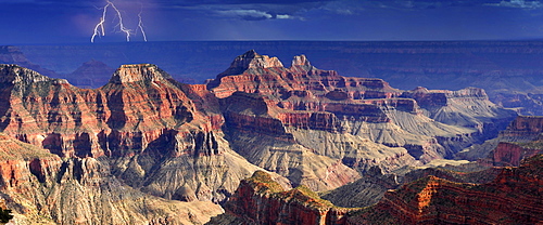 Panoramic image, thunderstorm with lightning, view from Bright Angel Point towards Deva Temple, Brahma Temple, Zoroaster Temple, Transept Canyon, Bright Angel Canyon, evening mood at sunset, Grand Canyon National Park, North Rim, Arizona, United States of