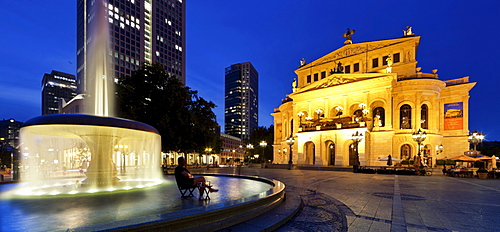 Alte Oper Frankfurt opera house at dusk, Frankfurt am Main, Hesse, Germany, Europe