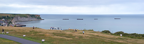 Arromanches-les-Bains, D-Day, Gold Beach, remnants of the artificial landing harbour, Mulberry Harbour, Normandy, France, Europe