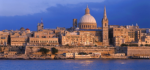 View from Sliema on Valletta in the evening, Malta, Europe