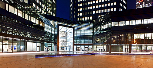 Main entrance and portal of the renovated Deutsche Bank at night, Frankfurt am Main, Hesse, Germany, Europe