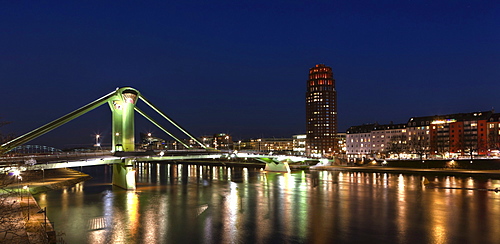 View past Floesserbruecke bridge towards the Main Plaza building, Frankfurt, Hesse, Germany, Europe