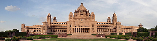 Panoramic, garden side of Palace Hotel, Umaid Bhavan Palace, Jodhpur, Rajasthan, India, Asia