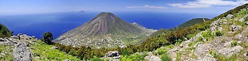 Volcano on Salina island, in the back Filicudi and Alicudi islands, Aeolian Islands, Sicily, southern Italy, Italy, Europe