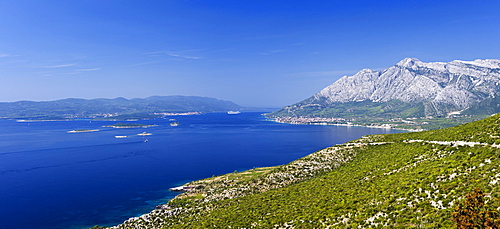 Coastal panorama with the Island of Korcula, Orebic, Peljesac Peninsula, Dalmatia, Croatia, Europe