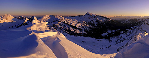 Mountain panorama at morning in winter, Baad, Kleinwalsertal, Vorarlberg, Austria, Europe