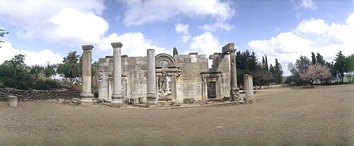 Panoramic view of the ruins of the ancient synagouge of Baram in the Upper Galilee, Israel