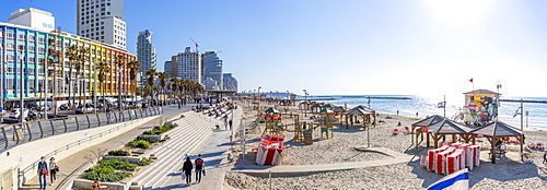 View of colourful buildings and promenade on Hayarkon Street, Tel Aviv, Israel, Middle East