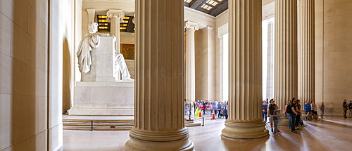 Panoramic view of visitors around the statue of Abraham Lincoln, Lincoln Memorial, Washington, D.C., United States of America, North America