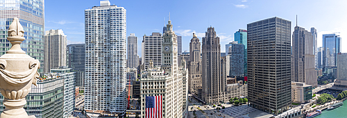 View of Wrigley Building from rooftop terrace, Downtown Chicago, Illinois, United States of America, North America