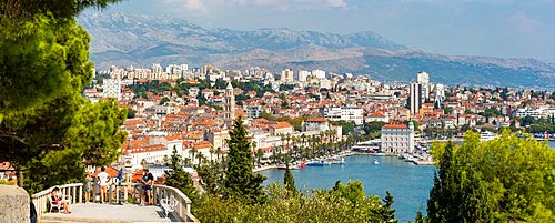 Panoramic view from above the town of Split Town and Cathedral of Saint Domnius, Split, Dalmatian Coast, Croatia, Europe