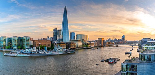 View of The Shard, HMS Belfast and River Thames from Cheval Three Quays at sunset, London, England, United Kingdom, Europe