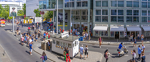 Elevated view of Checkpoint Charlie, Friedrichstrasse, Berlin, Germany, Europe