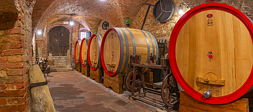 View of wine barrels in cellar at Cantina Ercolani, wine shop and museum in Montepulciano, Montepulciano, Province of Siena, Tuscany, Italy, Europe