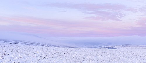 Soft pastel colours at dawn on Pockstones Moor, looking towards Appletreewick Pasture and Grimwith Reservoir, North Yorkshire, Yorkshire, England, United Kingdom, Europe