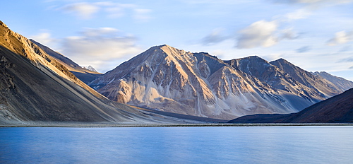 First light on the mountains flanking the lake of Tso Pangong, Ladakh, India, Asia