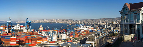 View of city and ports from Paseo 21 de Mayo, Cerro Playa Ancha, Valparaiso, Central Coast, Chile, South America