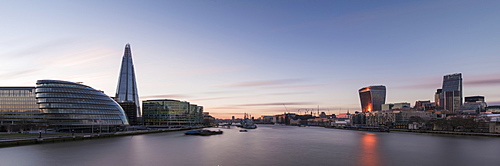 View of The Shard and City Hall from Tower Bridge and the River Thames at night, London, England, United Kingdom, Europe