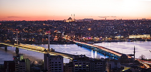 View over Istanbul skyline from The Galata Tower at night, Beyoglu, Istanbul, Turkey, Europe