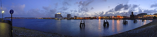 Panoramic of Cardiff Bay at dusk, Cardiff, Wales, UK, Europe