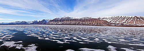 A panoramic view of Isfjorden (ice fjord) on the northwestern side of Spitsbergen Island in the Svalbard Archipelago, Norway. 