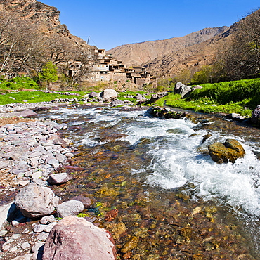 River running past Tizi n Tamatert and a Berber village, High Atlas Mountains, Morocco, North Africa, Africa 