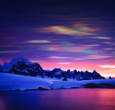 Mother of pearl clouds (nacreous clouds), Polar Stratospheric Clouds. These clouds indicate global warming., Antarctic Peninsula, Antarctica