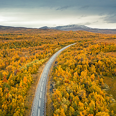 Panoramic Wilderness Road with mountains and trees in autumn in Jämtland in Sweden from above