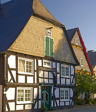 Outdoor photography, Morning, Half-timbered house in Winterberg, Rothaargebirge, Rothaarsteig, Hochsauerland, North Rhine-Westfalia, Germany, Europe