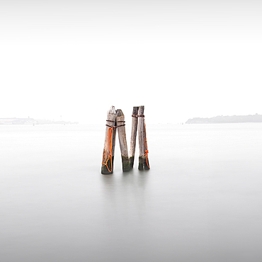 View of wooden posts with orange ropes in the Venice Lagoon, Pellestrina, Veneto, Italy, Europe