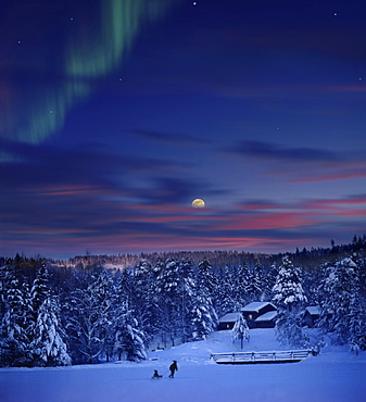 People in snow covered landscape at moonrise, Maihaugen, Lillehammer, Norway, Scandinavia, Europe