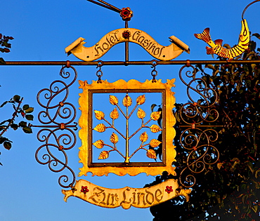 Sign of the Zur Linde Hotel, Fraueninsel, Chiemsee, Chiemgau, Upper Bavaria, Bavaria, Germany