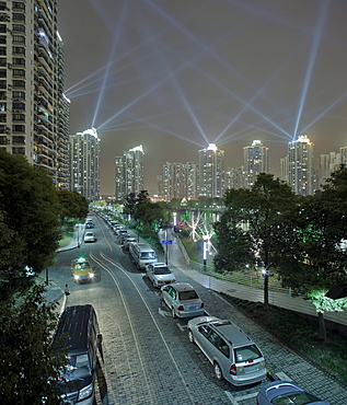 Zhongyuan Liangwancheng Community at night, big apartment compound along the Suzhou river, Shanghai, China