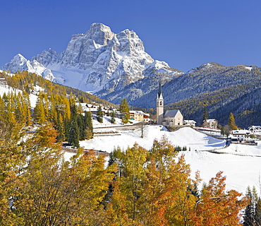 The snow covered mountain village Selva di Cadore in front of Monte Pelmo mountain, Dolomites, Veneto, Italy, Europe