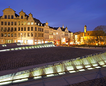 Illuminated residential houses at Place de L'Albertine, Brussels, Belgium, Europe